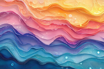 Abstract layered artwork with pastel colors, wavy lines, and bubble details creating a vibrant and...