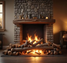 Cozy fireplace with crackling logs and soft golden light, rustic decor, wooden beams, winter wonderland