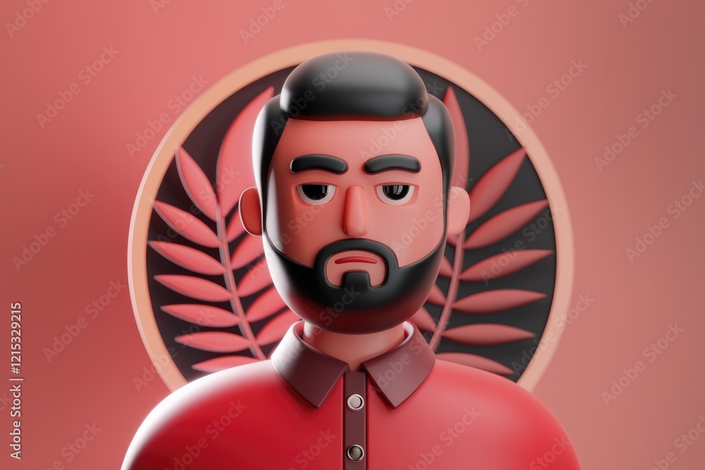 Poster 3d rendered illustration of a man with a serious expression, set against a circular emblem featuring