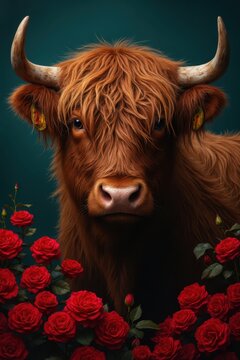 a cow with horns and red roses