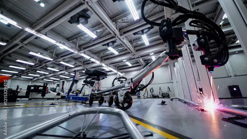 Aufkleber manufacturing process of electric scooters in a high-tech facility with advanced robotics and machin