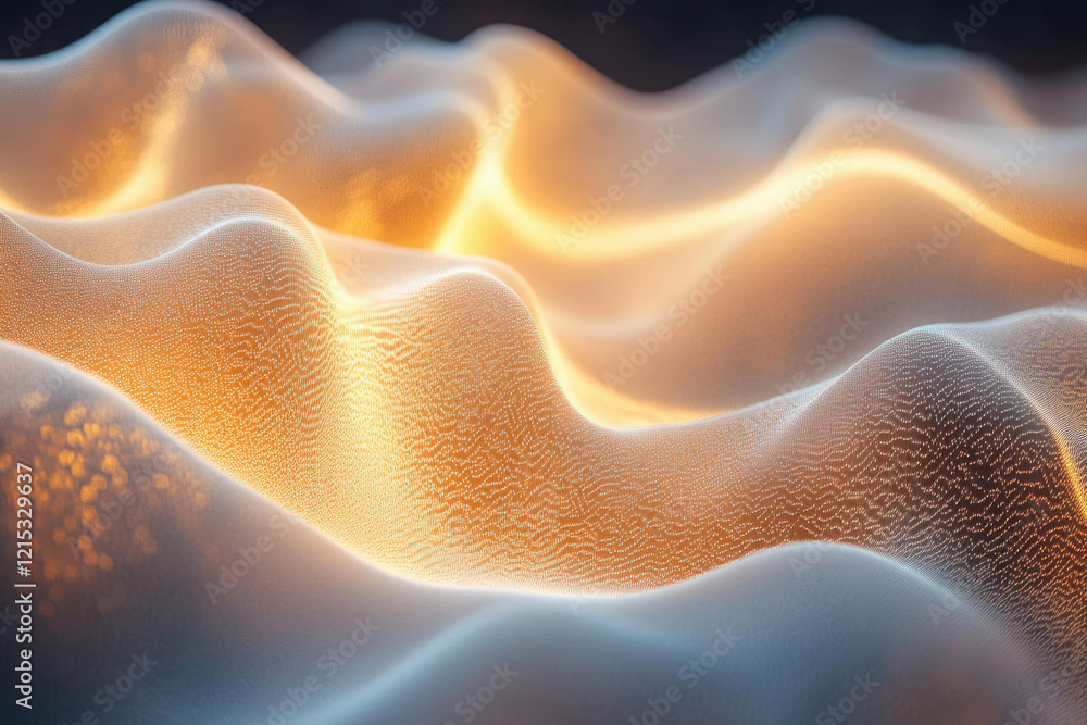 Aufkleber abstract golden waves, glowing particles form undulating surface, digital art.