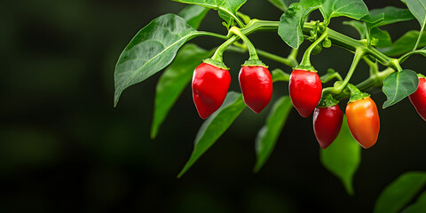 Close-up of ripe red and orange chili peppers growing on a plant with vibrant green leaves.  A vivid display of nature's bounty.
