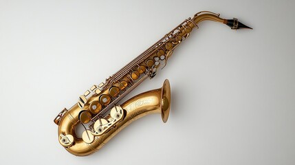Gold alto saxophone studio shot, music instrument, white background, jazz
