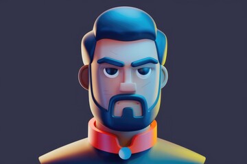 A 3D rendered illustration of a stern-faced, bearded man with a red collar.