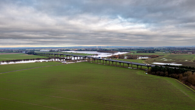 Aerial view of the M62 Motorway crossing the River Ouse on the Ouse Bridge at Goole