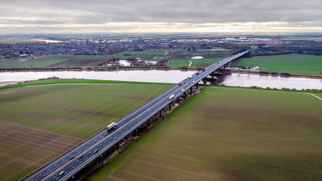 Aerial view of the M62 Motorway crossing the River Ouse on the Ouse Bridge at Goole
