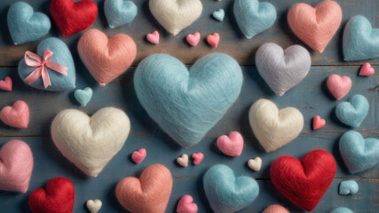 Obraz premium Colorful arrangement of handcrafted felt hearts for a romantic celebration of love and emotion