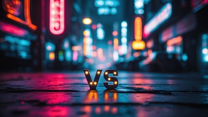 Vibrant Neon 'VS' Sign in a Lively Urban Street Scene versus, vs,