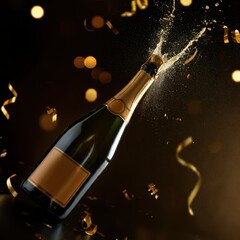 Fototapeta premium Champagne bottle explosion, golden bokeh lights, celebratory atmosphere, dark background, high-speed photography, sparkling wine spray, cork popping, festive mood, luxury beverage, party scene, dynami