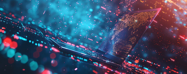 Laptop displaying a global network and data stream, symbolizing global communication and technology