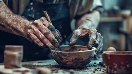 Craftsman's hands shaping clay bowl in workshop