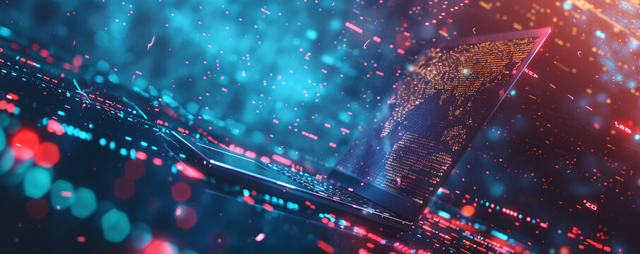 Laptop displaying a global network and data stream, symbolizing global communication and technology - Powered by Adobe