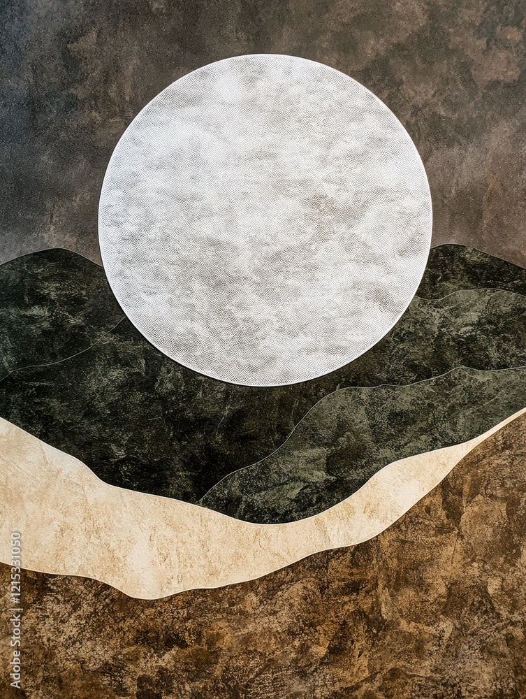 Poster Abstract landscape featuring a large white circle above textured mountains and sand, creating a minimalist aesthetic