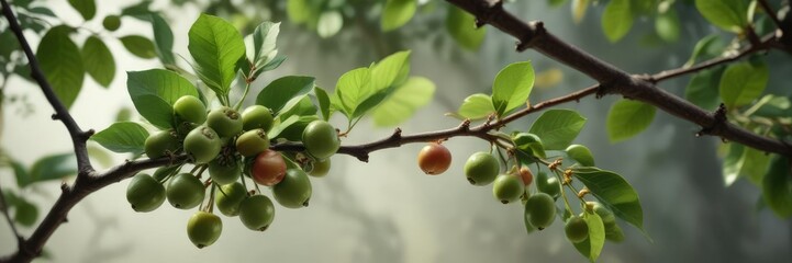 Coffee tree branch with small green coffee cherries, nature, foliage