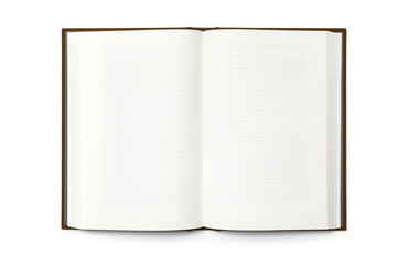 Blank open book isolated, top front view. Brown hardcover with black