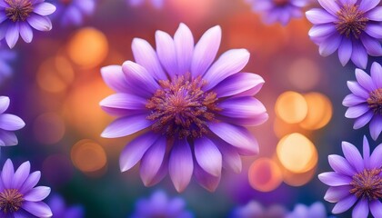 Obraz premium Defocused Purple Flowers Arranged in a Circular Pattern on a Multicolored Artistic Backdrop