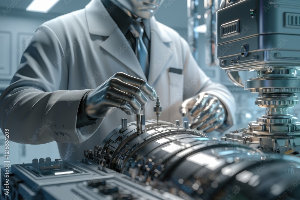 Aufkleber A robotic scientist meticulously assembles a complex metallic mechanism in a high-tech laboratory.