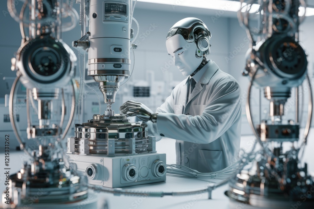 Poster a humanoid robot scientist operates advanced laboratory equipment, showcasing futuristic automation 