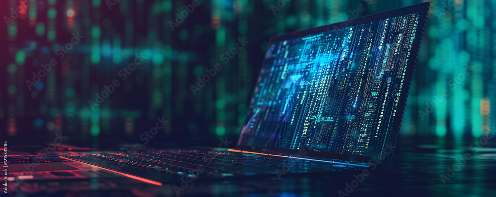 Poster Laptop computer is running code in the foreground while displaying a digital background
