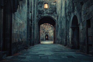 Obraz premium Narrow stone passageway leading to ancient structure in a historical setting