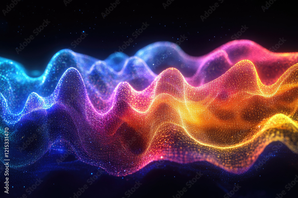 Poster Abstract colorful wavy particles, glowing and vibrant, creating a dynamic and energetic visual.