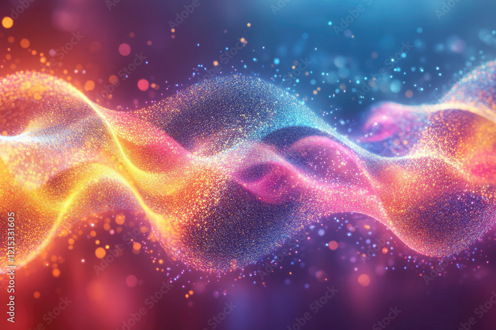 Poster Abstract wave of colorful particles, glowing with vibrant hues and sparkling lights.