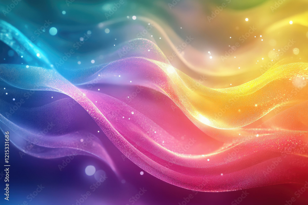 Poster abstract colorful waves with glittering particles, creating a vibrant and dreamy background.