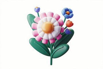 A vibrant bouquet of stylized 3D flowers, featuring a large central daisy and smaller accent blooms.
