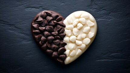 Artistic Heart Shaped Chocolate with Split Dark and White Chocolate Chips : Generative AI
