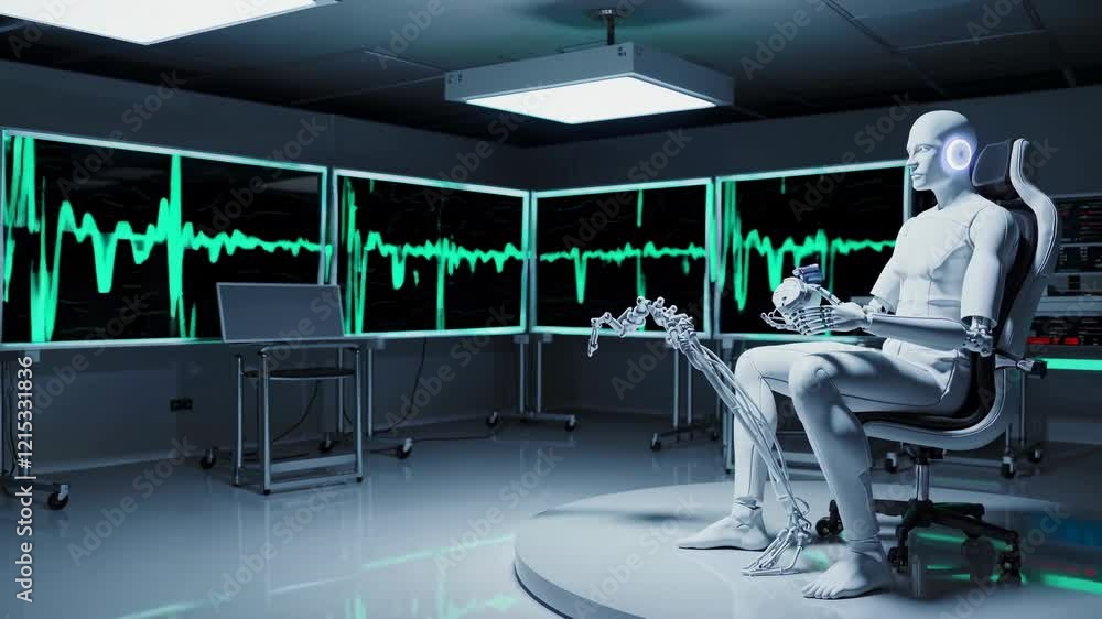 Poster exploring advanced robotic technology in a futuristic lab environment with data visualization