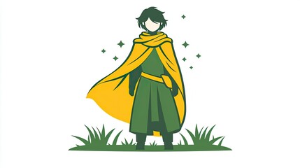 Fototapeta premium A young person stands in a field wearing a yellow cape