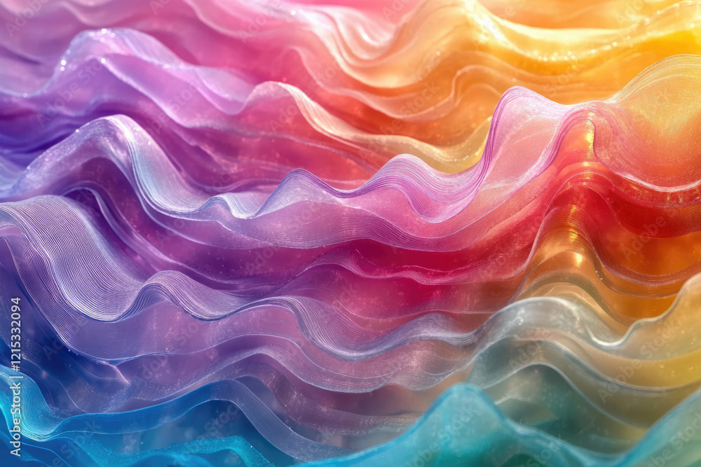 Poster abstract image of colorful, translucent waves, resembling fabric or flowing water, creating a vibran