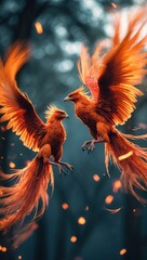 Fiery Orange Phoenixes in a Misty Forest
