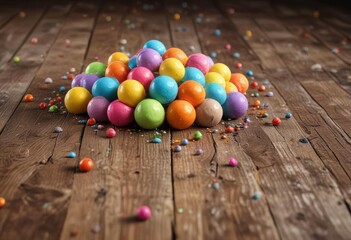 Obraz premium colorful ice cream balls scattered on a wooden table , pastel colors, colorful spheres