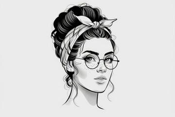 Stylish monochrome illustration of a woman with freckles, glasses, and a headscarf, exuding confidence and grace.