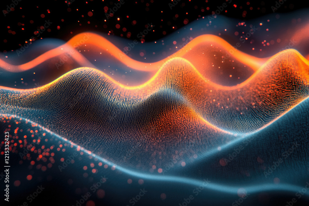 Poster abstract digital wave of glowing particles, vibrant orange and blue hues, creating a dynamic, energe
