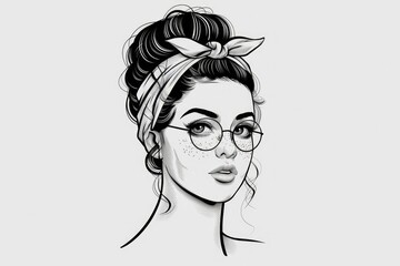 Stylish woman with a bun, headband, glasses, and freckles. Black and white illustration.