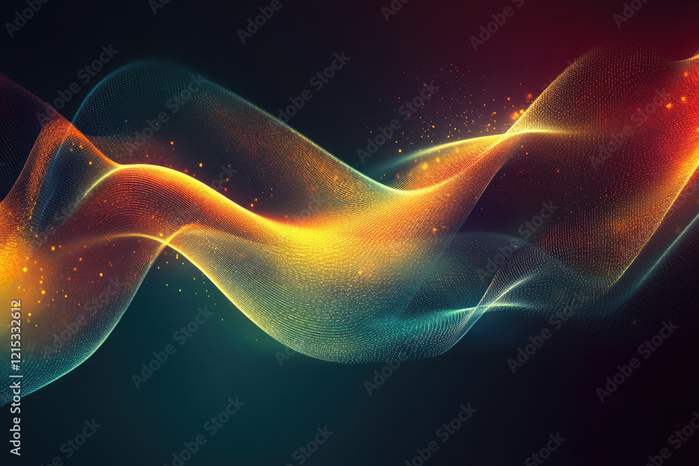 Poster Abstract wave of glowing particles, vibrant colors and dynamic motion, creating an ethereal and mesmerizing visual.