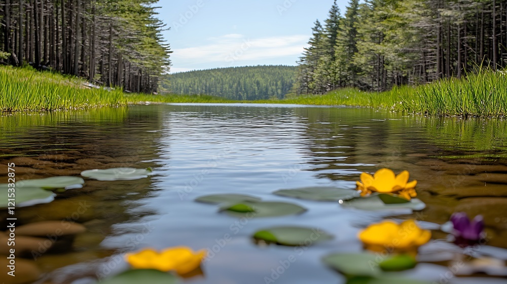 Poster serene woodland lake with floating flowers reflecting tranquil forest views : generative ai