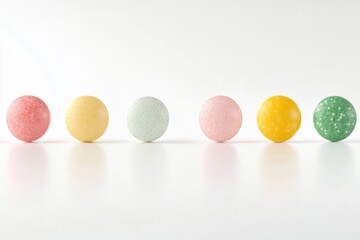Colorful beauty vitamins arranged in a neat line on a clean white surface showcasing vibrant flavors and textures for healthy skin