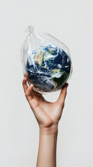Hand holding earth in plastic bag depicts environmental concerns