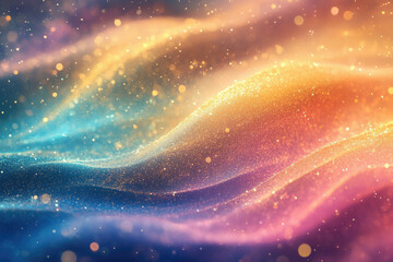 Abstract art depicting shimmering, wavy particles in blue, gold, and pink hues, creating a dreamy, ethereal effect.