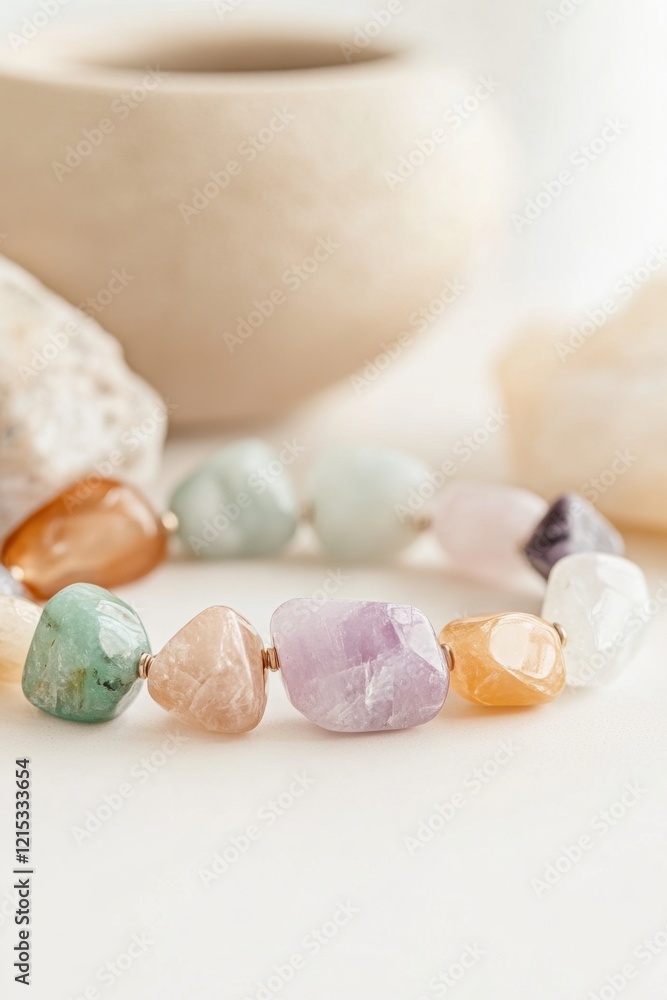 Poster vibrant gemstone bracelet showcasing a stunning array of colors on a light tabletop setting