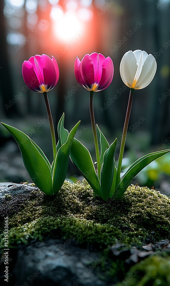 Poster trio of tulips blooming in forested setting with soft sunlight at sunset : generative ai