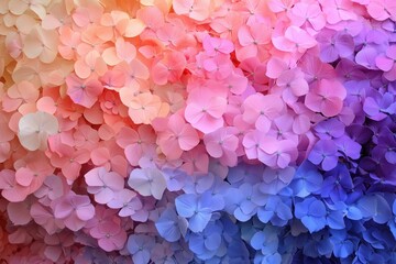 Vibrant gradient of pink to purple hydrangea flowers in bloom