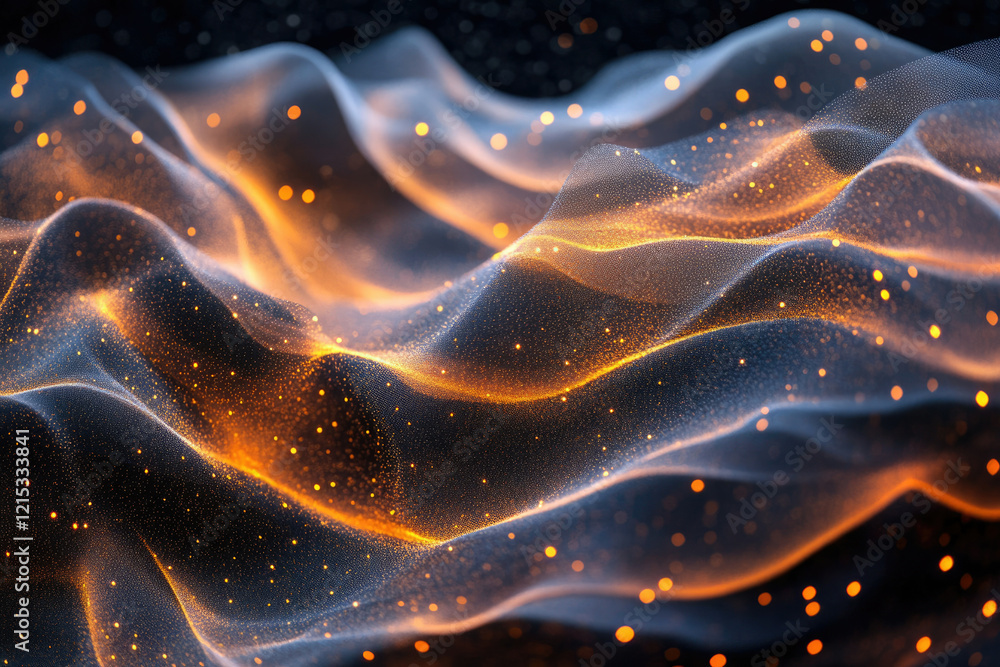 Poster abstract wavy background with glowing particles, dark and luminous, digital art.
