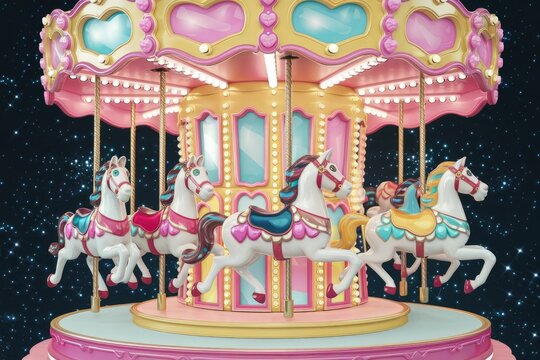 A whimsical pink carousel with four beautifully decorated horses under a starry night sky.