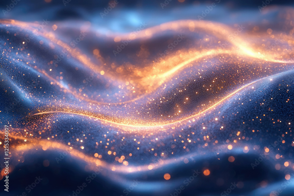Poster abstract image of glittering, wavy particles in blue and orange hues, creating a mesmerizing cosmic 