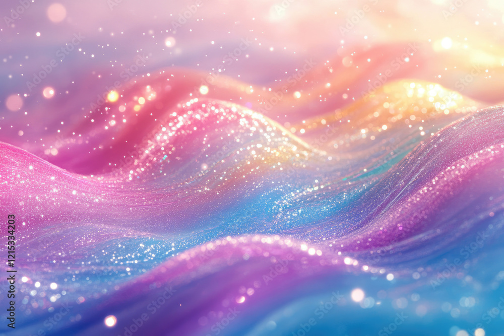 Poster sparkling pastel waves with glittering texture and bokeh effect, creating a dreamy, magical atmosphe